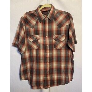 Plains Western Shirt Mens Size Large Plaid Pearl Snap Short Sleeves FLAW